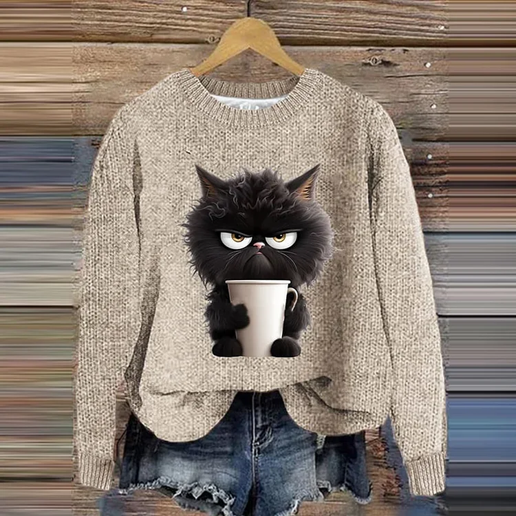 Women Knitted Cat Long Sleeve Comfy Casual Sweater