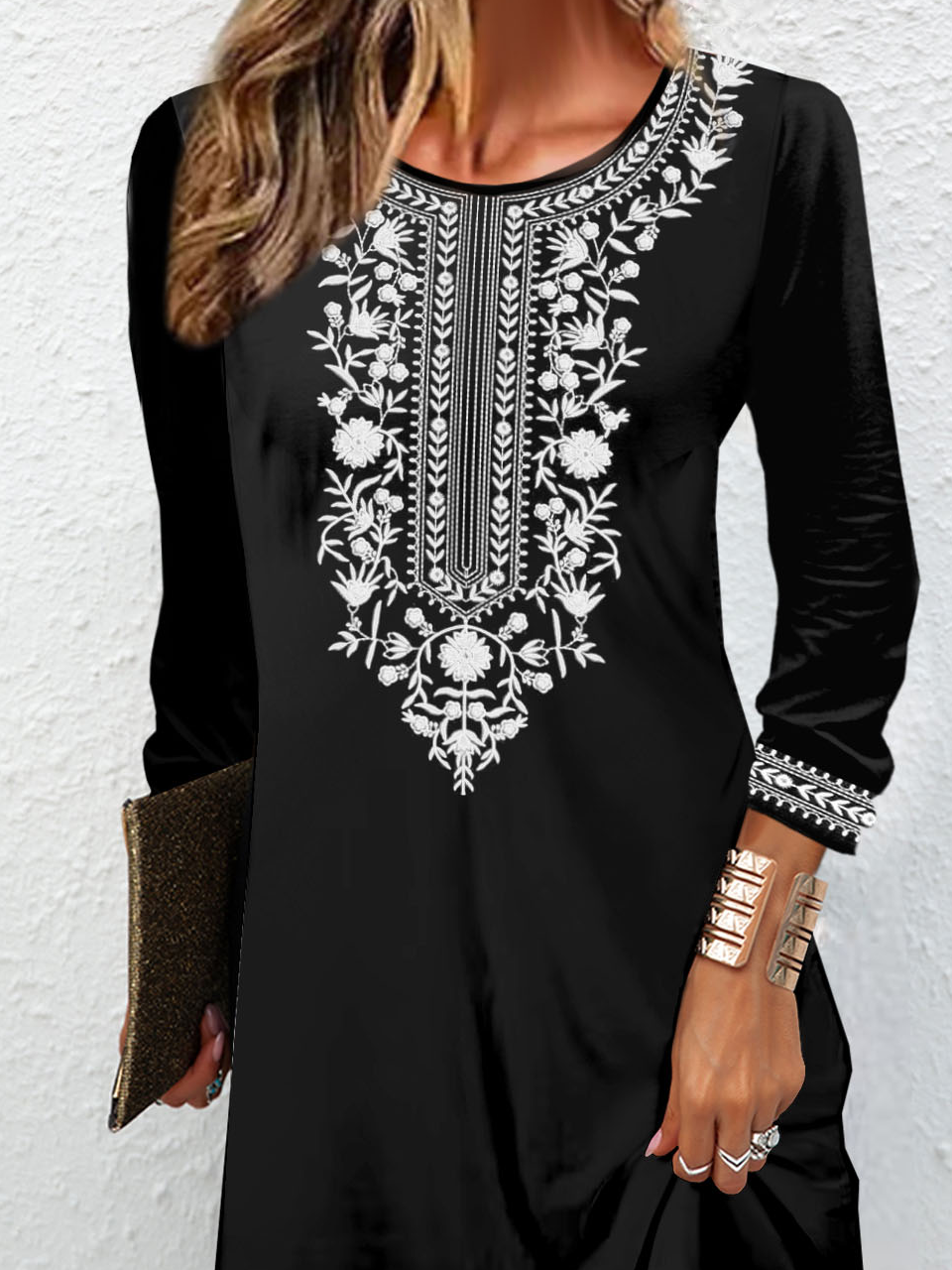 Women Ethnic Crew Neck Long Sleeve Comfy Casual Mini Dress