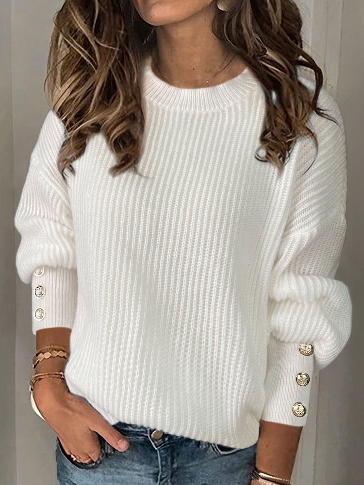 Women Yarn/Wool Yarn Plain Long Sleeve Comfy Casual Buckle Sweater