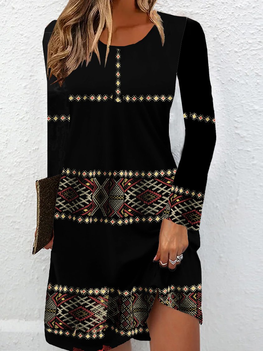 Women Ethnic Crew Neck Long Sleeve Comfy Vintage Mini Dress