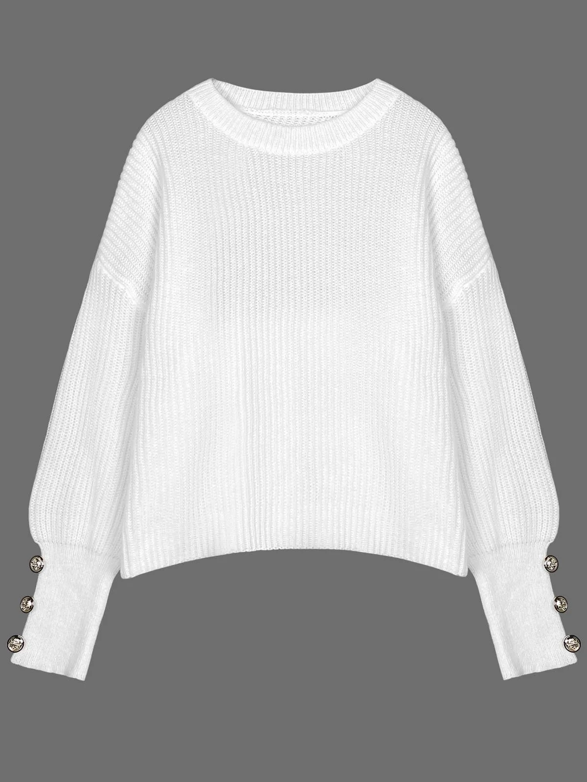 Women Yarn/Wool Yarn Plain Long Sleeve Comfy Casual Buckle Sweater