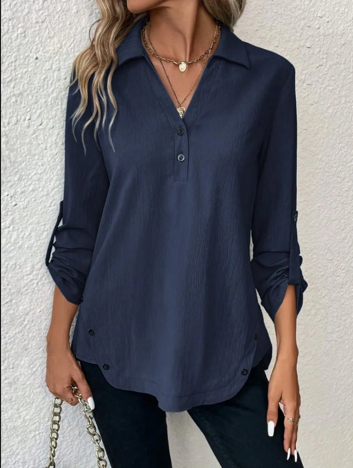 Notched Long Sleeve Plain Regular Micro-Elasticity Loose Blouse For Women