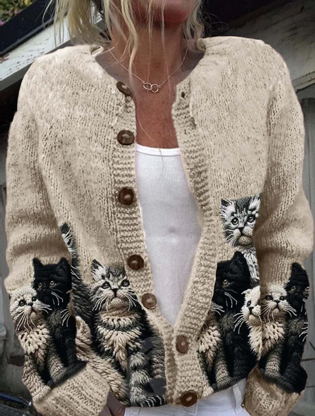 Women Knitted Cute Cats Long Sleeve Comfy Casual Cardigan