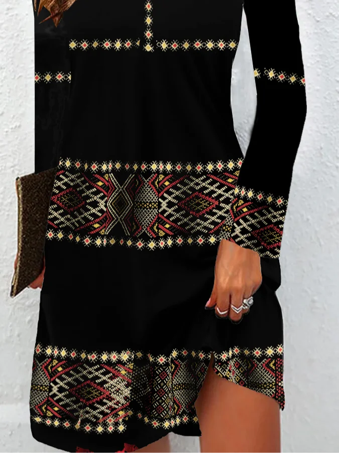 Women Ethnic Crew Neck Long Sleeve Comfy Vintage Mini Dress