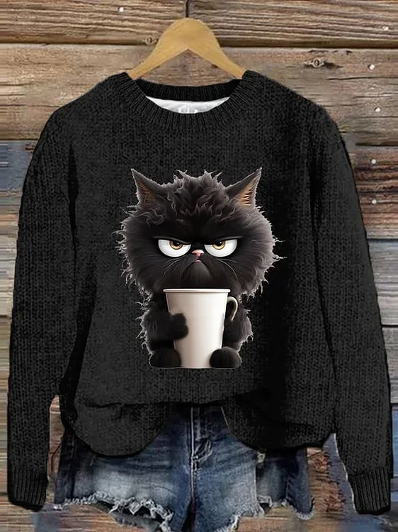 Women Knitted Cat Long Sleeve Comfy Casual Sweater