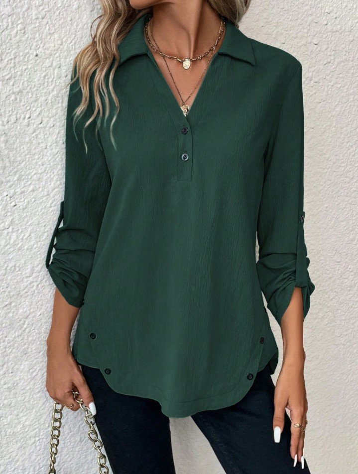 Notched Long Sleeve Plain Regular Micro-Elasticity Loose Blouse For Women