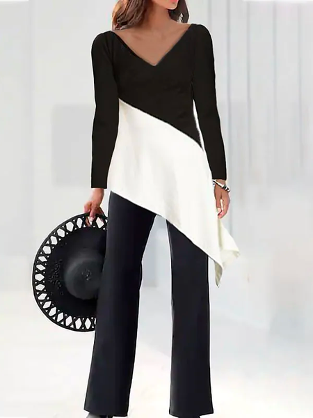 Women Color Block V Neck Long Sleeve Comfy Casual Top With Pants Two-Piece Set