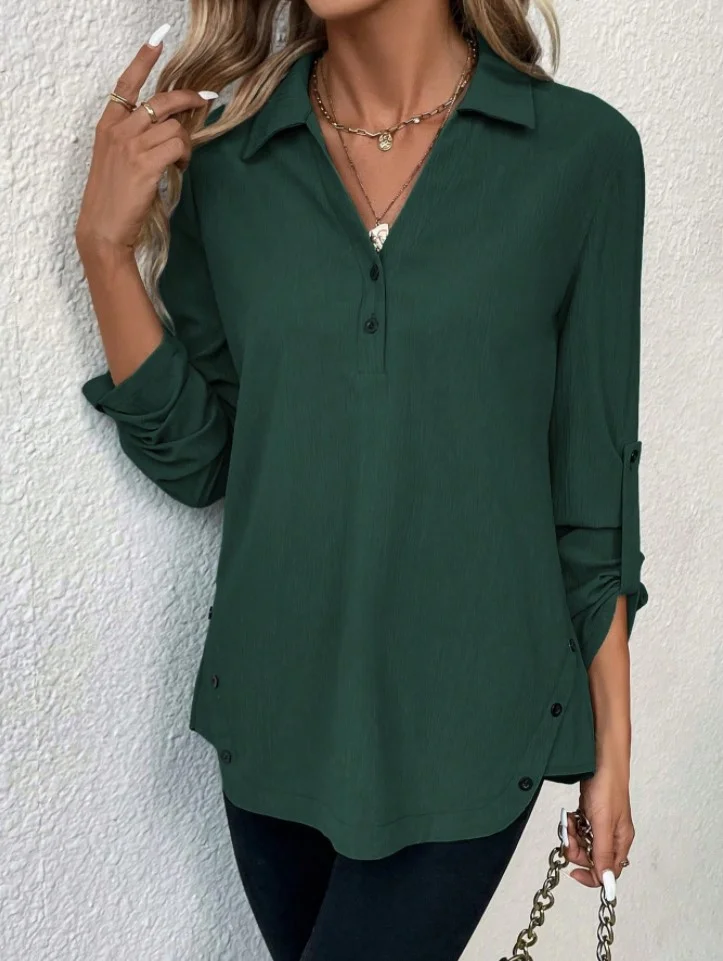 Notched Long Sleeve Plain Regular Micro-Elasticity Loose Blouse For Women