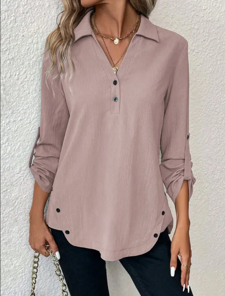 Notched Long Sleeve Plain Regular Micro-Elasticity Loose Blouse For Women