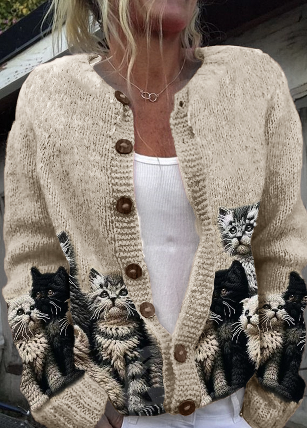 Women Knitted Cute Cats Long Sleeve Comfy Casual Cardigan