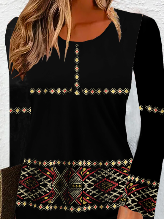 Women Ethnic Crew Neck Long Sleeve Comfy Vintage Mini Dress