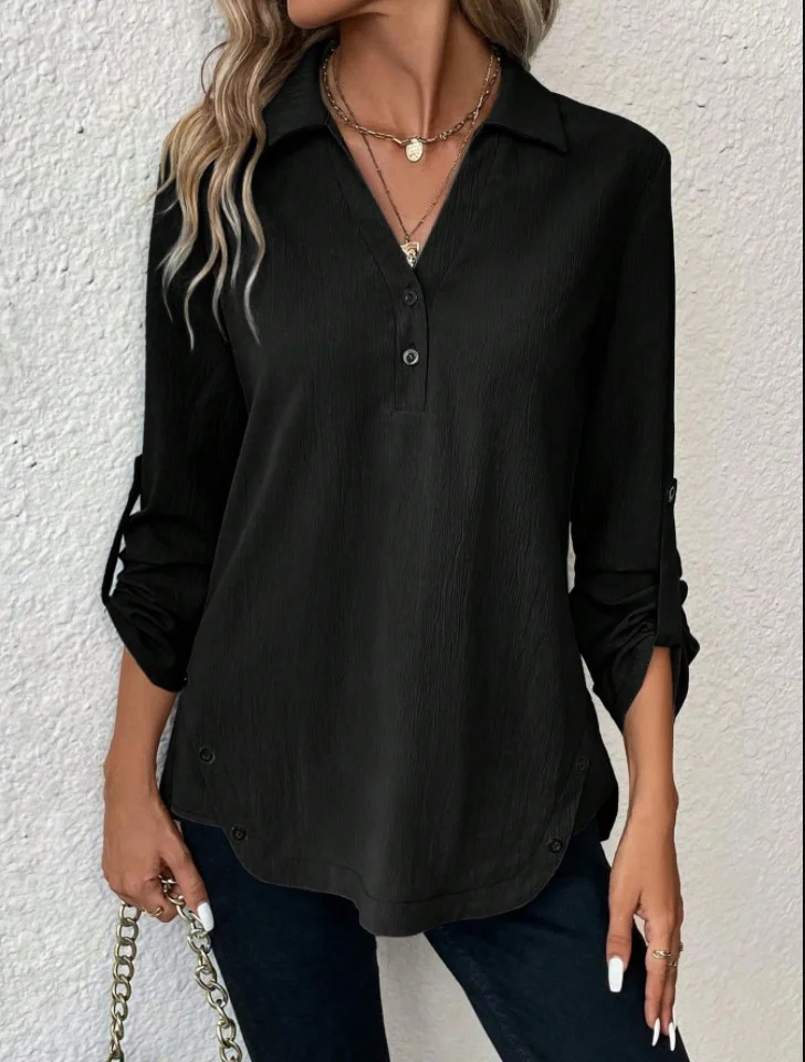 Notched Long Sleeve Plain Regular Micro-Elasticity Loose Blouse For Women