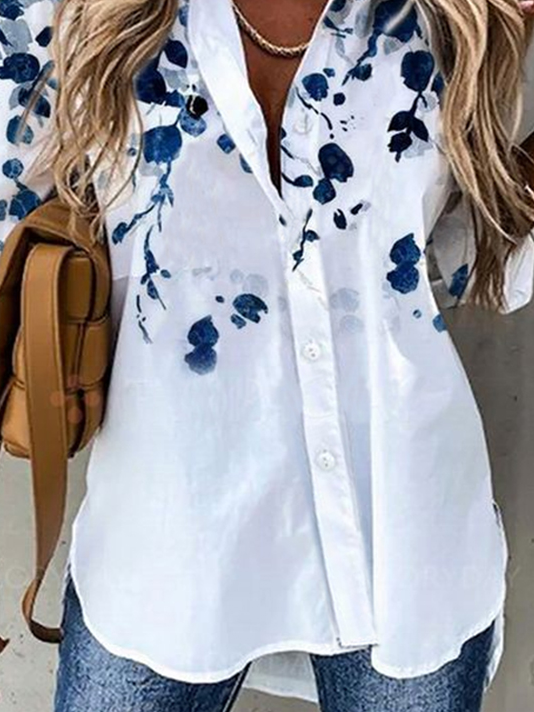 Long Sleeve Floral Printed Shirt Collar Casual Tunic Shirt