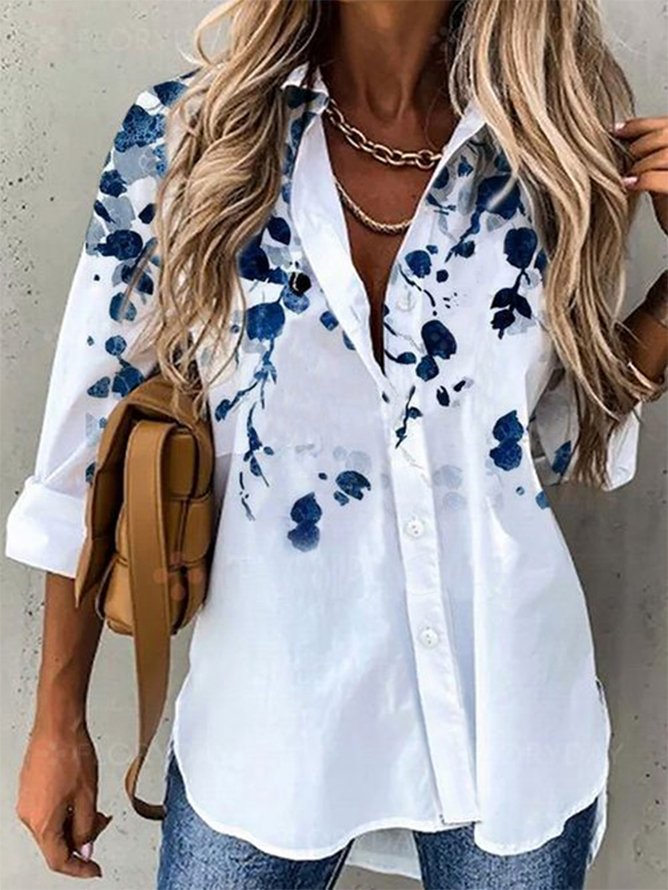 Long Sleeve Floral Printed Shirt Collar Casual Tunic Shirt