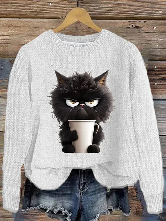 Women Knitted Cat Long Sleeve Comfy Casual Sweater