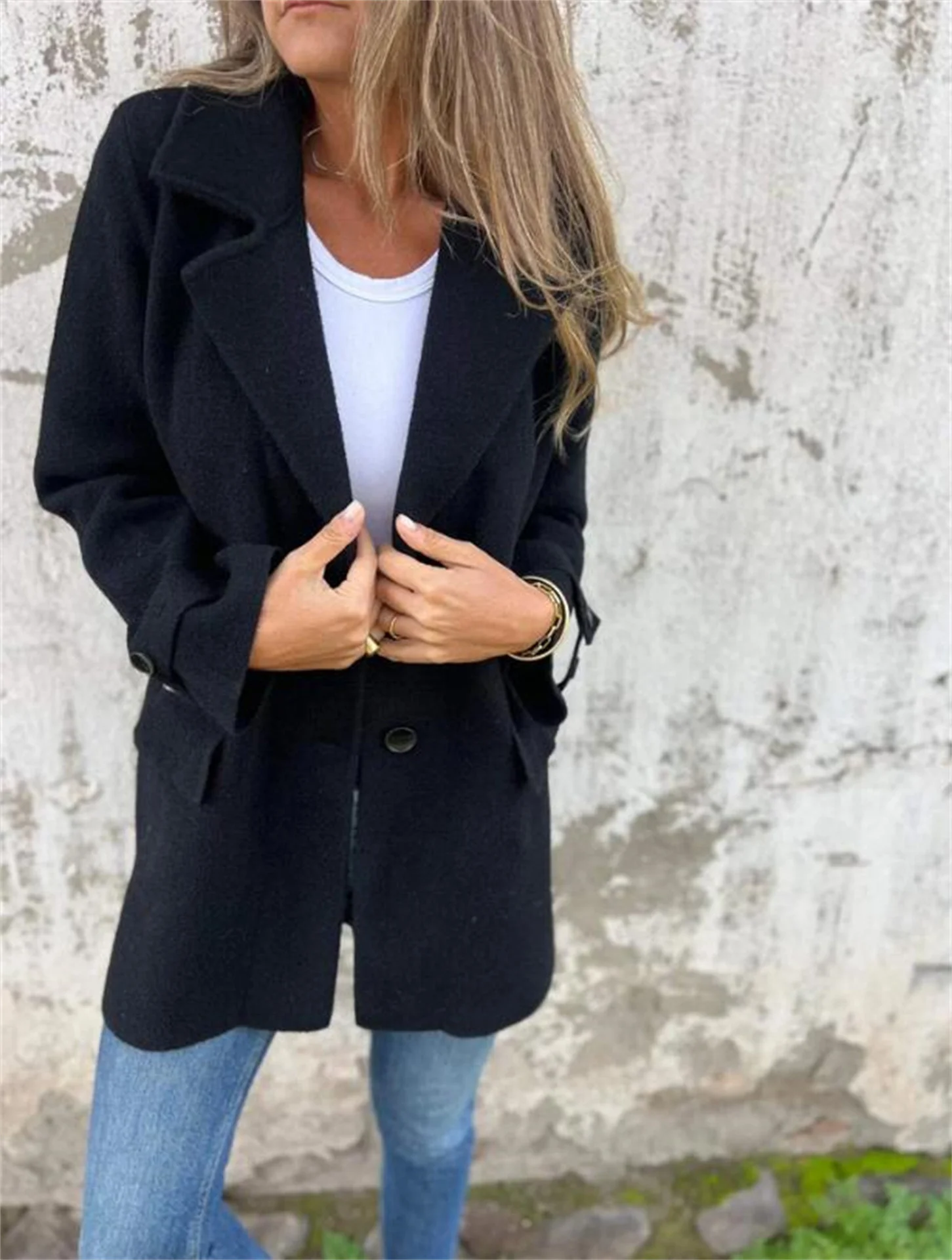 Women's Plain Buckle Regular Loose Jacket