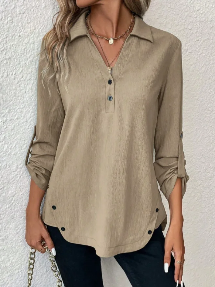 Notched Long Sleeve Plain Regular Micro-Elasticity Loose Blouse For Women