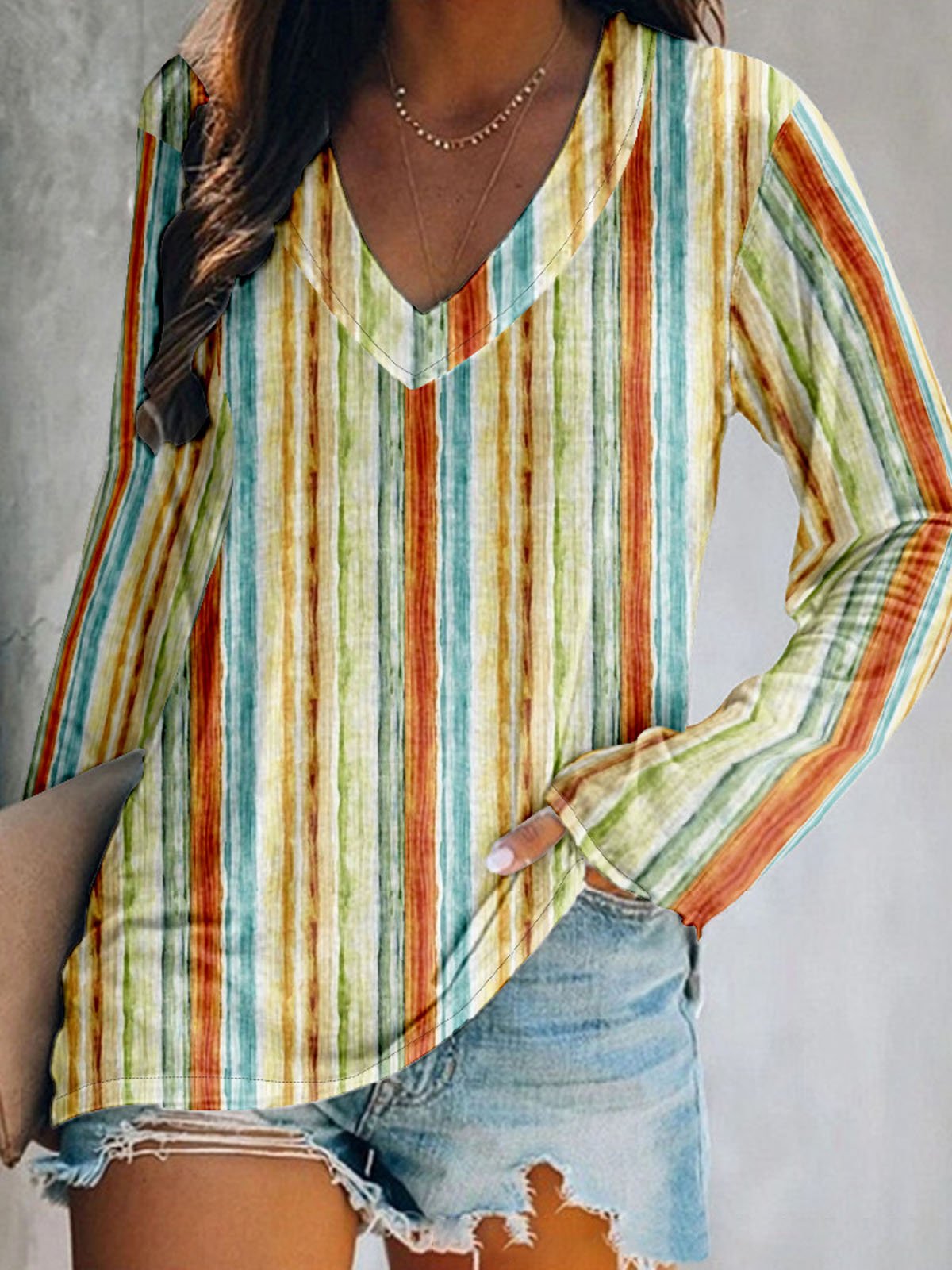 Casual Striped V Neck Long Sleeve T-shirt