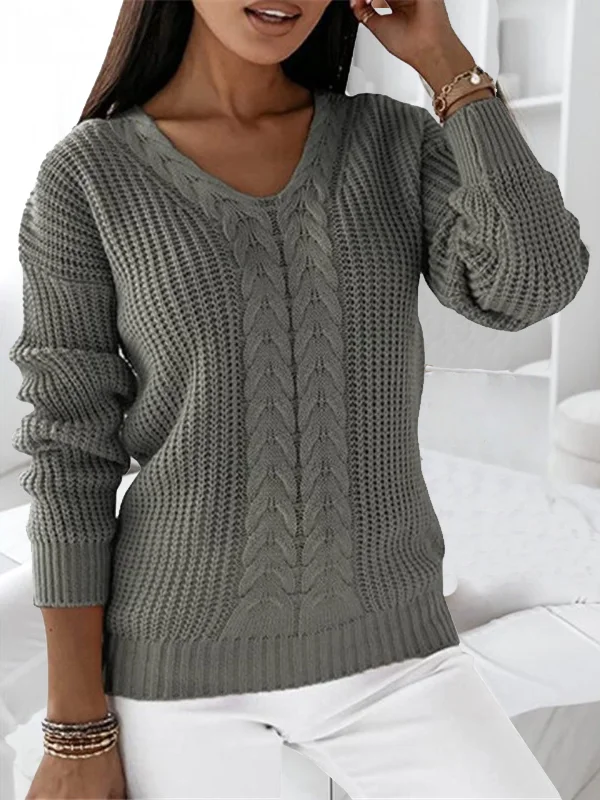 Women Yarn/Wool Yarn Plain Long Sleeve Comfy Casual Sweater