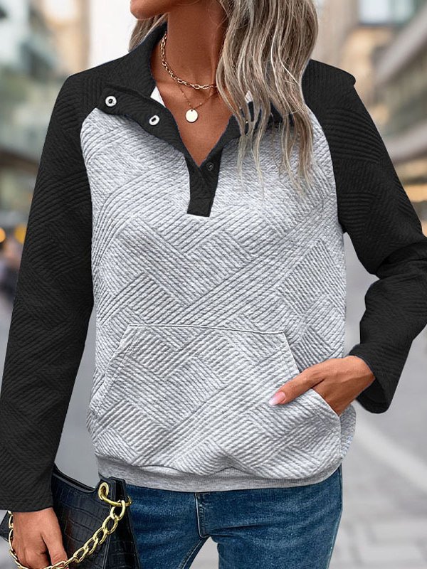 Casual Shawl Collar Color Block Sweatshirt