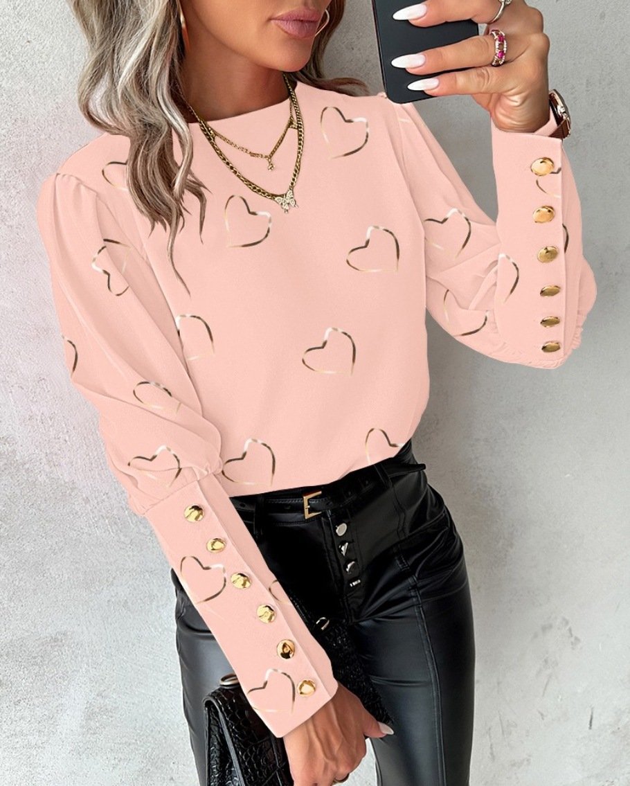 Crew Neck Long Sleeve Heart/Cordate Regular Micro-Elasticity Loose Blouse For Women