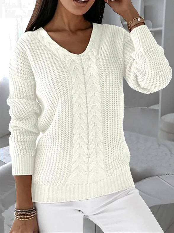 Women Yarn/Wool Yarn Plain Long Sleeve Comfy Casual Sweater