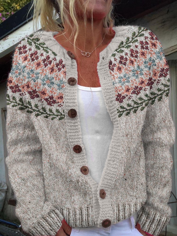 Women Knitted Plants Long Sleeve Comfy Casual Cardigan