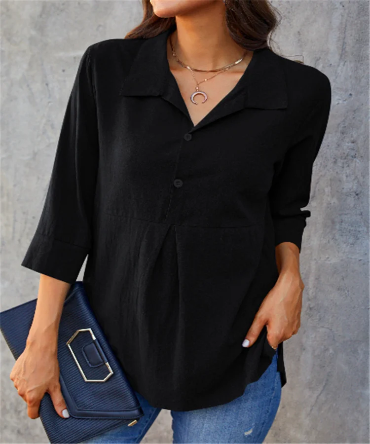 Shawl Collar Long Sleeve Plain Regular Loose Blouse For Women