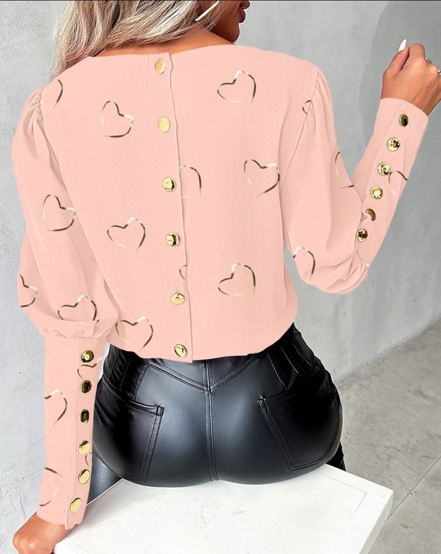 Crew Neck Long Sleeve Heart/Cordate Regular Micro-Elasticity Loose Blouse For Women