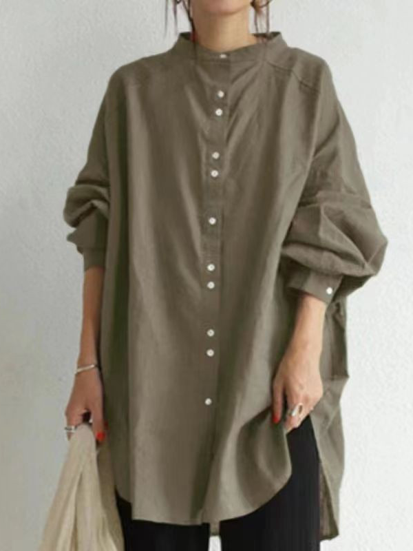 Shirt Collar Long Sleeve Plain Regular Loose Shirt For Women