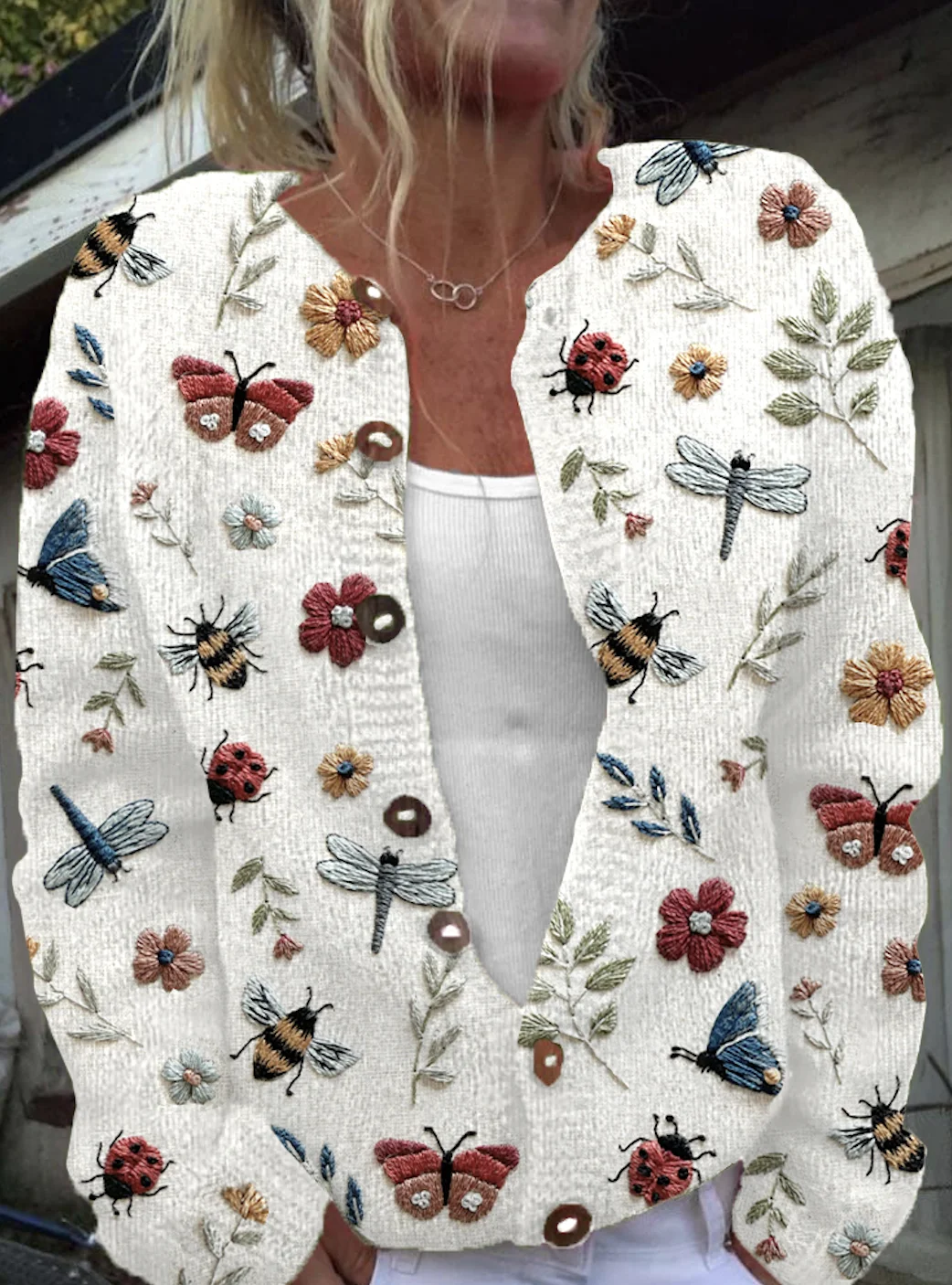 Women Knitted Flower And Animals Print Long Sleeve Comfy Casual Cardigan