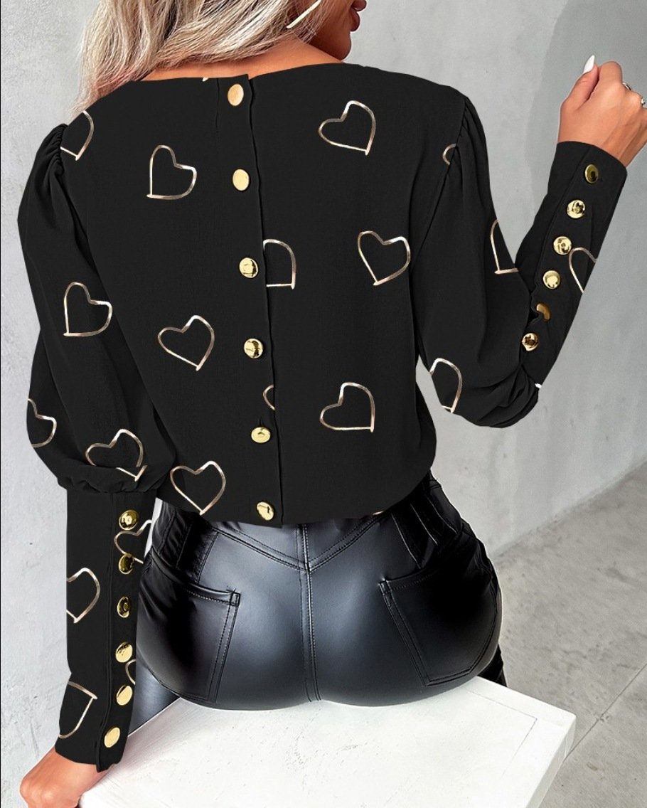 Crew Neck Long Sleeve Heart/Cordate Regular Micro-Elasticity Loose Blouse For Women