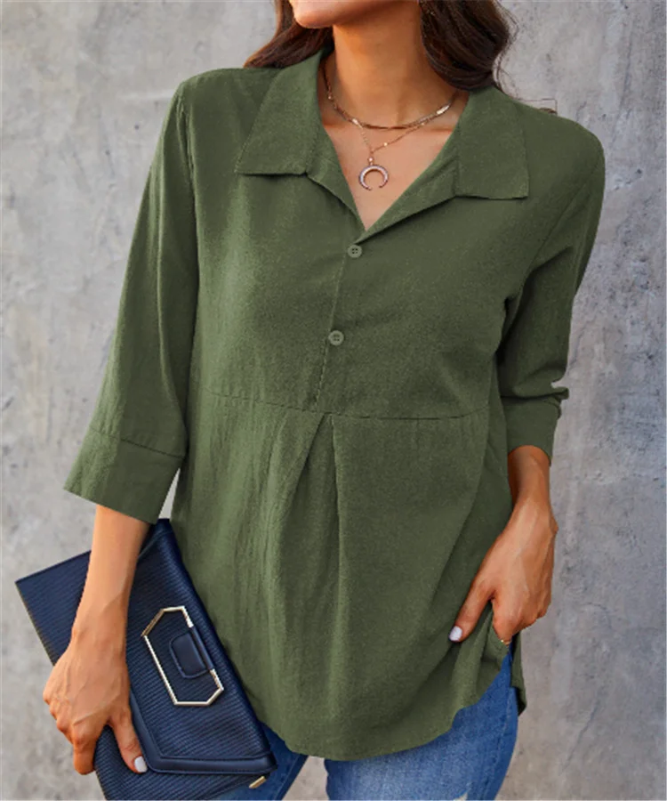 Shawl Collar Long Sleeve Plain Regular Loose Blouse For Women