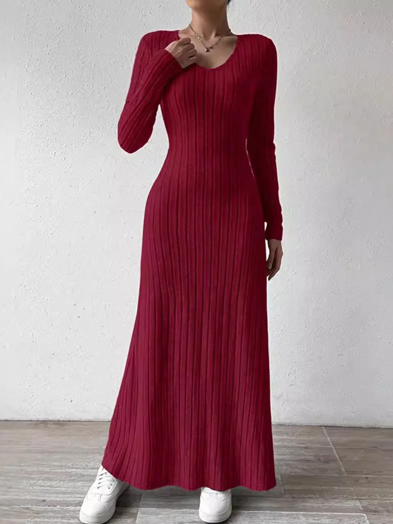 Women Plain Crew Neck Long Sleeve Comfy Casual Lace Maxi Dress