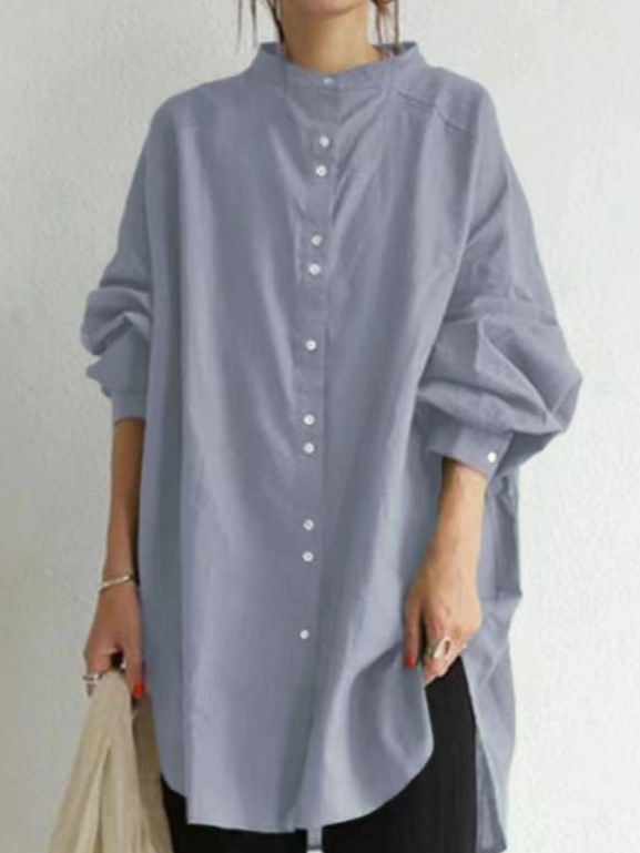 Shirt Collar Long Sleeve Plain Regular Loose Shirt For Women