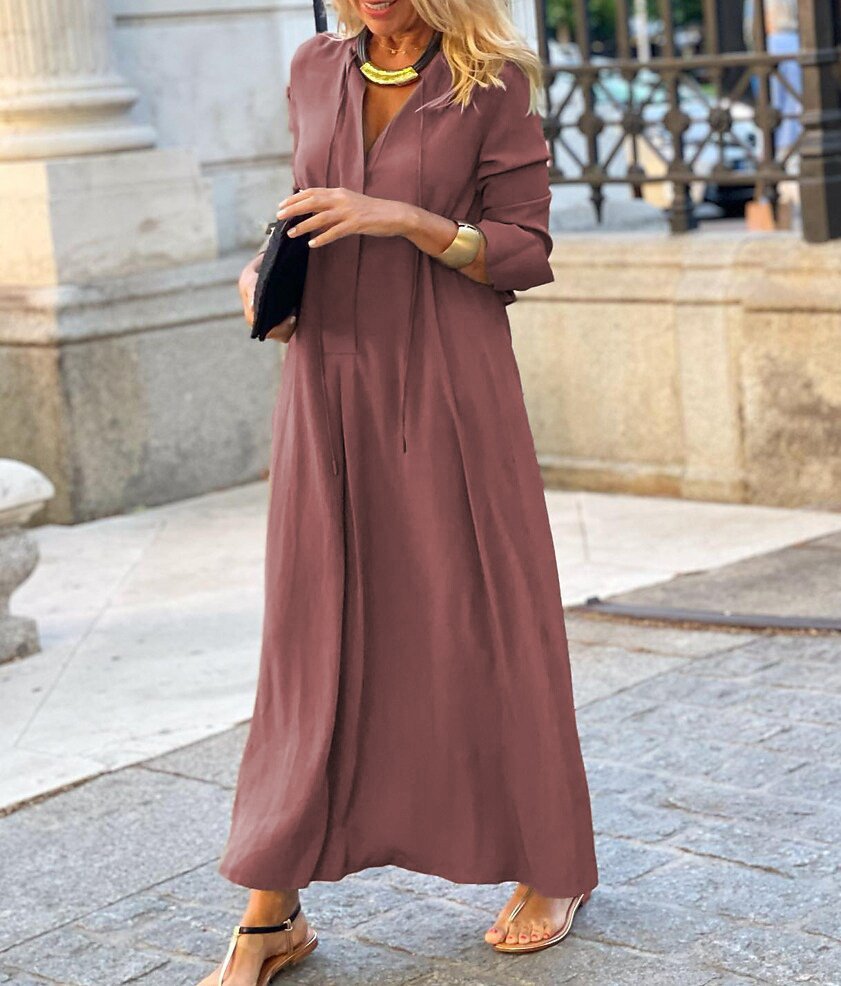 Women Plain Crew Neck Long Sleeve Comfy Casual Lace Maxi Dress