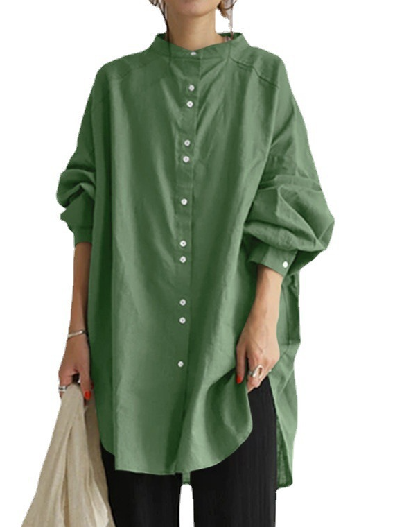 Shirt Collar Long Sleeve Plain Regular Loose Shirt For Women