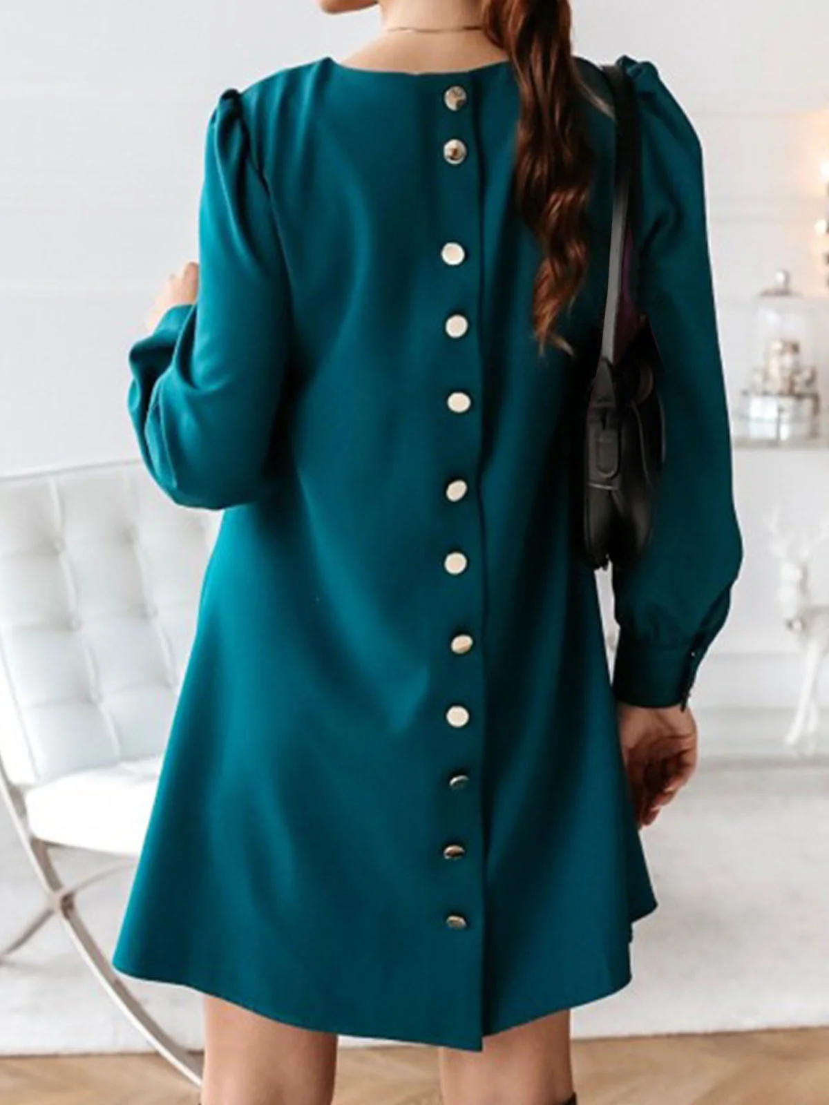 Women Plain Crew Neck Long Sleeve Comfy Casual Buckle Mini Dress