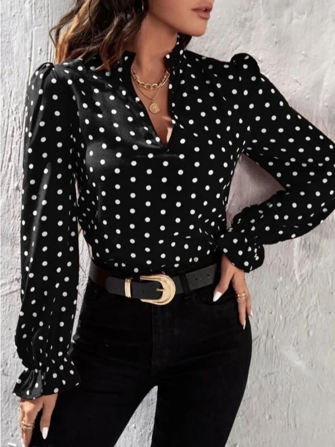 Stand Collar Long Sleeve Polka Dots Regular Loose Blouse For Women