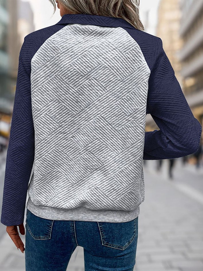 Casual Shawl Collar Color Block Sweatshirt