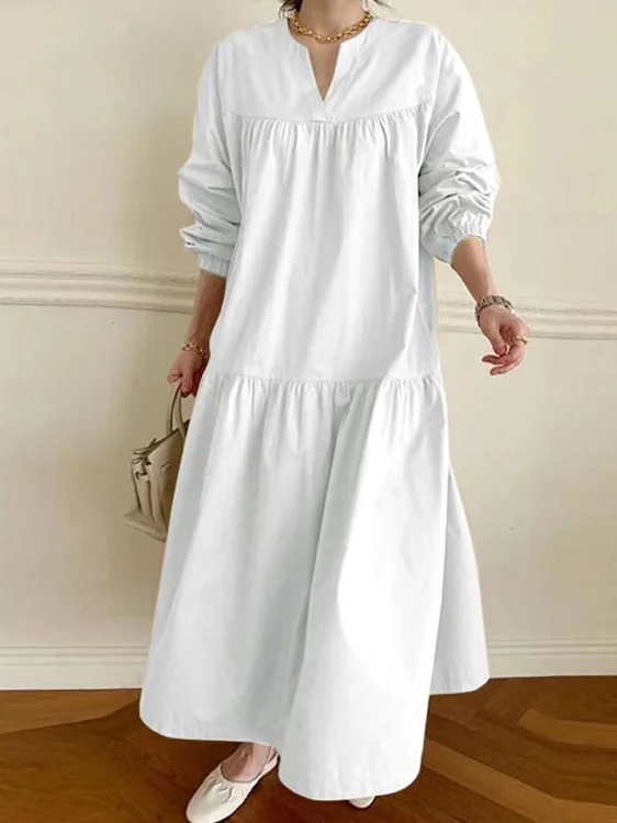 Women Plain Crew Neck Long Sleeve Comfy Casual Lace Maxi Dress