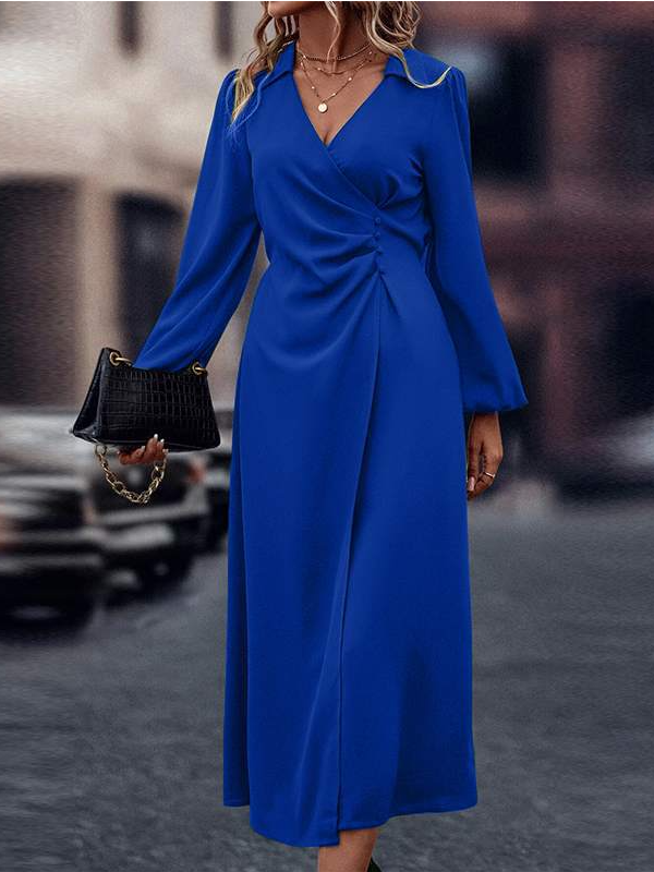 Women Plain Shawl Collar Long Sleeve Comfy Casual Midi Dress