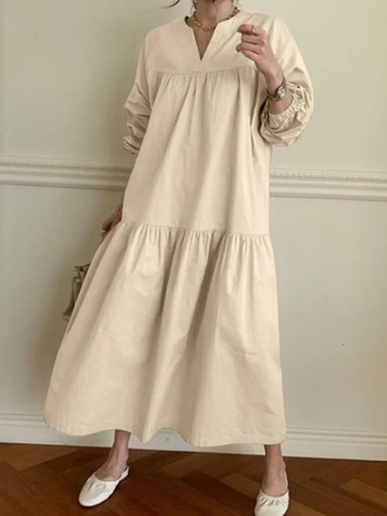 Women Plain Crew Neck Long Sleeve Comfy Casual Lace Maxi Dress