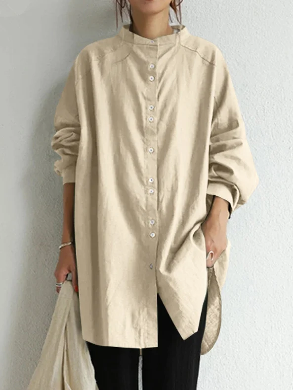 Shirt Collar Long Sleeve Plain Regular Loose Shirt For Women