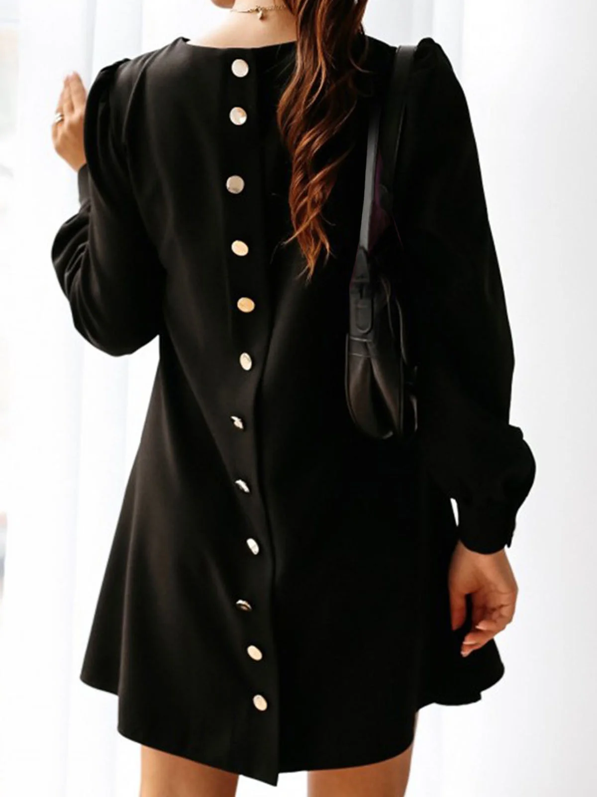 Women Plain Crew Neck Long Sleeve Comfy Casual Buckle Mini Dress