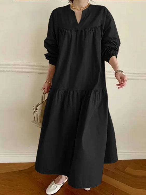 Women Plain Crew Neck Long Sleeve Comfy Casual Lace Maxi Dress