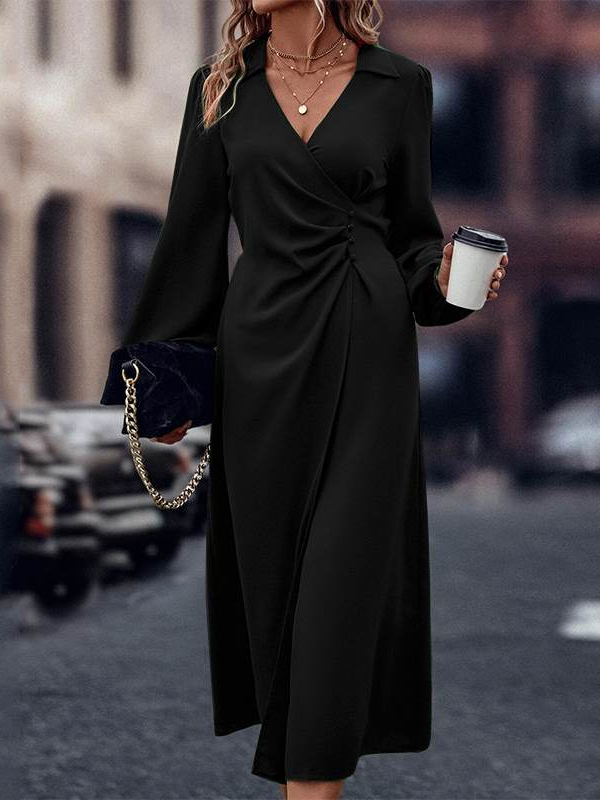 Women Plain Shawl Collar Long Sleeve Comfy Casual Midi Dress