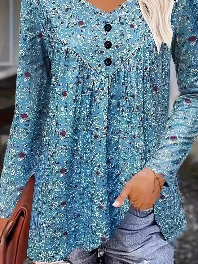 Crew Neck Long Sleeve Floral Regular Micro-Elasticity Loose Blouse For Women