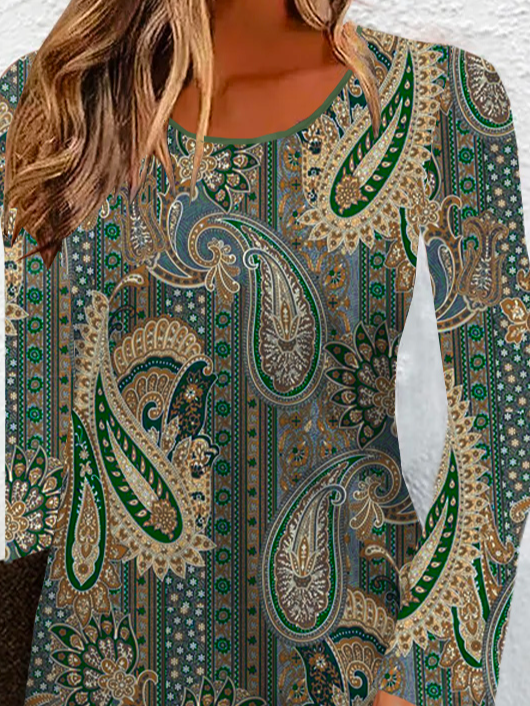 Women Paisley Crew Neck Long Sleeve Comfy Vintage Mini Dress