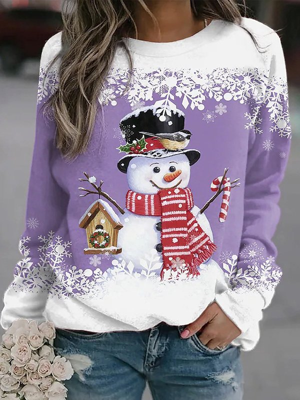 Casual Crew Neck Christmas Snowman Print Sweatshirt